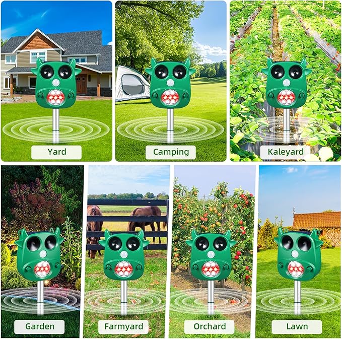 Solar Ultrasonic Animal Repeller Outdoor Deer Repellent with Motion Detection Flashing Lights Cat Repellent Rabbit Raccoon Dog Coyote Skunk Repellent for Yard Garden Deterrent Device Animal Repellent