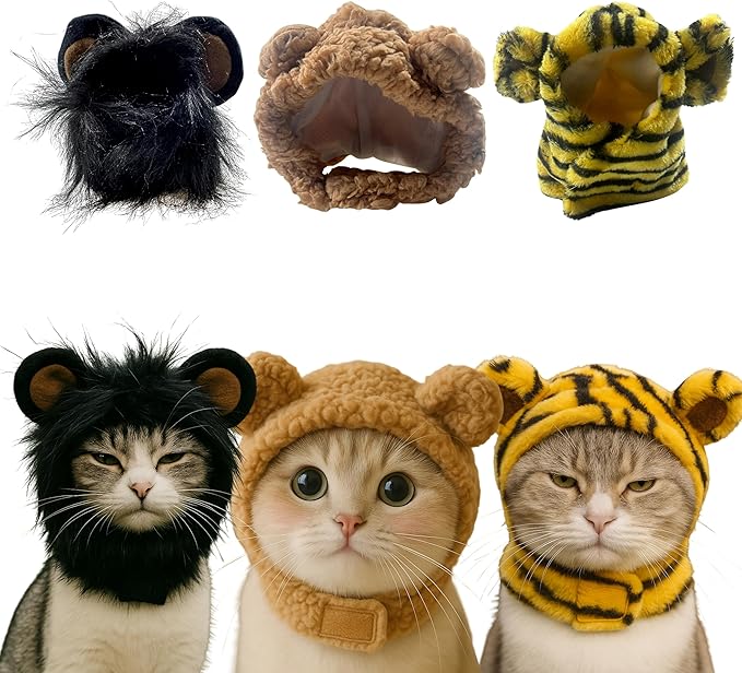 3pcs Cute Cats Hat Costumes Outfit - Lion Head, Tiger, Bear - Adjustable Pet Headwear for Parties, Halloween, Christmas, Easter (Lion, Bear, Tiger)