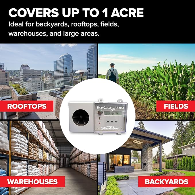 Bird B Gone - Bird Chase Super Sonic - Outdoor Sound Repellent - Scares Away Birds - Durable Weather Resistant Design - for Large Open Outside Spaces - Programmable Device - Up to 1 Acre Coverage
