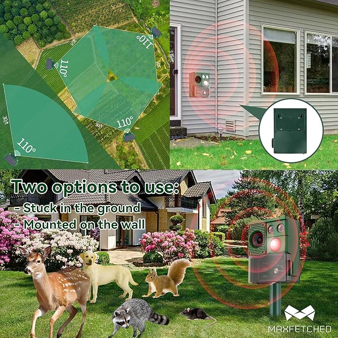 Solar Animal Repellent, 3-in-1 Squirrel Repellent Cat Deer Raccoon Rodent Repellent Ultrasonic Outdoor, Pest Repeller with Motion Activated for Yard Lawn Attic, Dog Skunk Bird Deterrent
