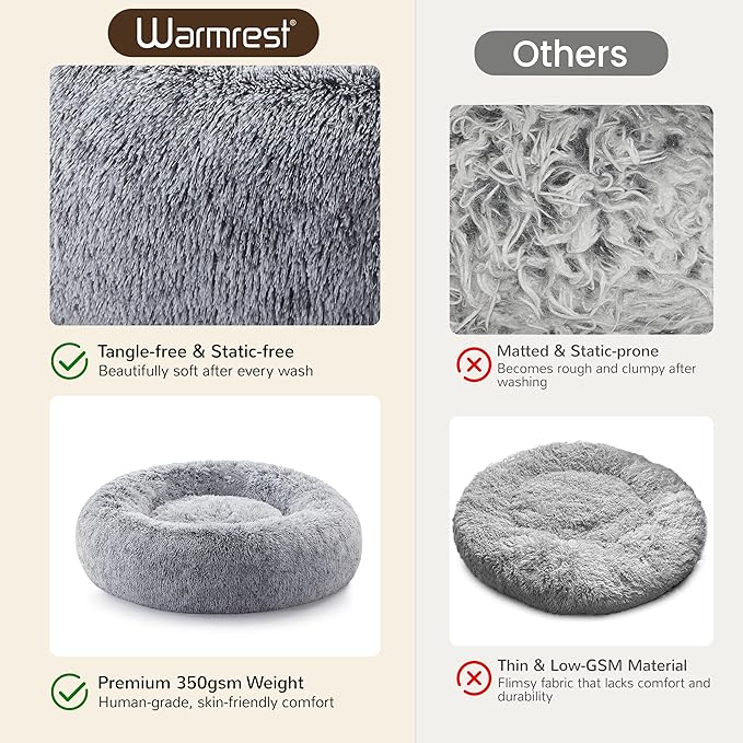 Donut Dog Bed Medium Size Dog 36 Inch, Round Cat Beds for Small Medium Dogs and Cats with Washable Fluffy Faux Fur, Cute Comfort Pet Bed with Anti-Slip Bottom, Grey