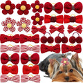 20pc Red Small Dog Hair Bows with Rubber Bands, Bulk Puppy Dog Hair Bows, Mix Handmade Cute Dog Gooming Flower Ball Bowknot Top Knot for Holiday Daily Yorkie Dog Hair Accessories