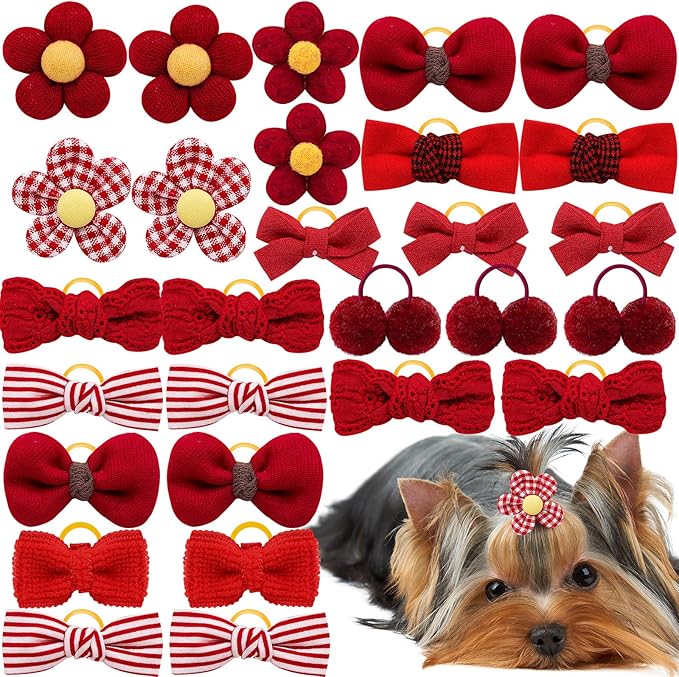 20pc Red Small Dog Hair Bows with Rubber Bands, Bulk Puppy Dog Hair Bows, Mix Handmade Cute Dog Gooming Flower Ball Bowknot Top Knot for Holiday Daily Yorkie Dog Hair Accessories