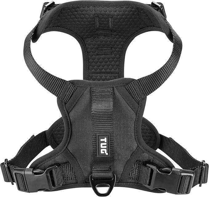 TUG Dog Harness with 2 Leash Connection Points | Adjustable, Padded, Lightweight | Handle on Back | No-Pull Front Clip (Medium, Black)