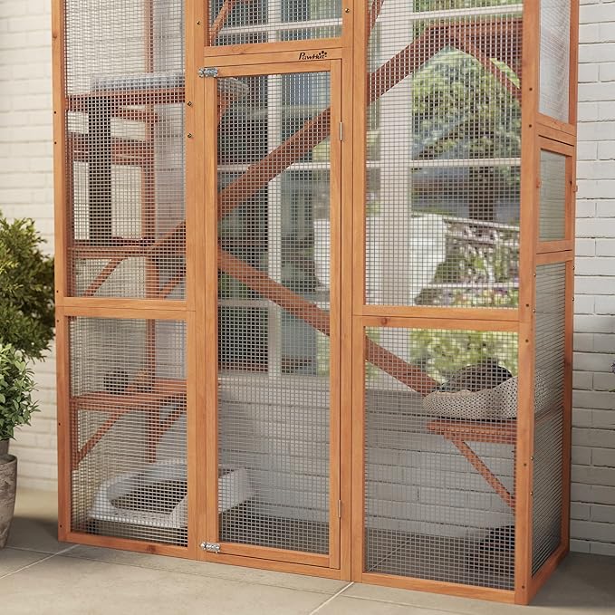 PawHut Outdoor Catio Cat Enclosure, Large Wooden Cat House with 6 Jumping Platforms, Scratching Post, 2 Ramps, Waterproof Roof, Cat Cage Window Access for 2-3 Kittens, 99" H, Orange