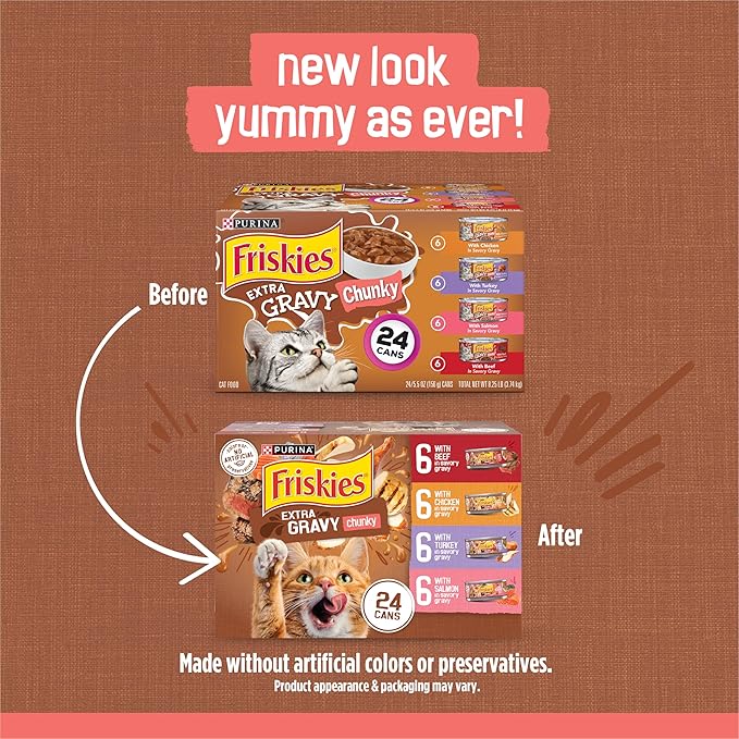 Purina Friskies Extra Gravy Wet Cat Food Chunky 24ct Variety Pack (With Chicken, Turkey, Salmon, Beef) - (Pack of 24) 5.5 oz. Cans