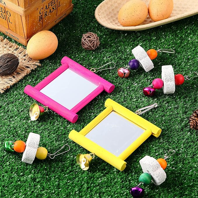 Sumind 2 Pieces Chicken Mirror Toys Hanging Swing Mirror with Bell Wooden Pecking Toy and 4 Pieces Beak Grinding Molar Stones for Hens Birds Parrots