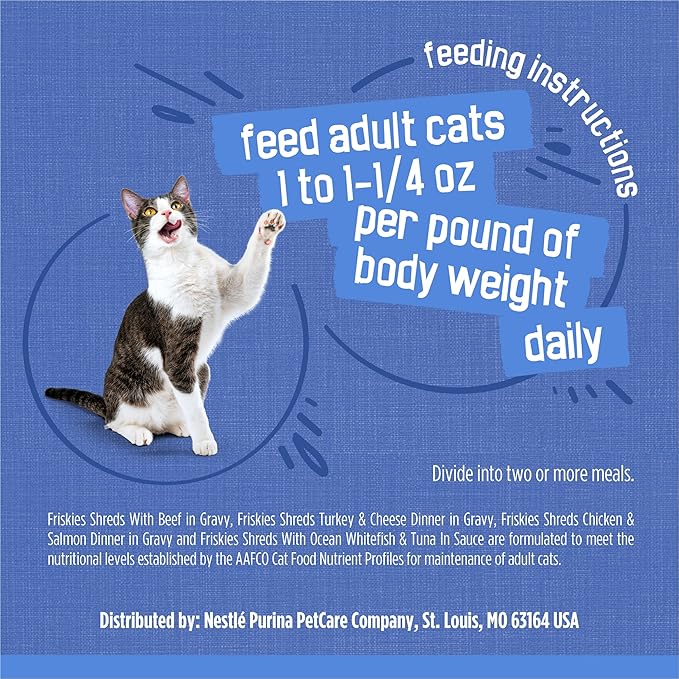 Purina Friskies Wet Cat Food Variety Pack, Shreds With Beef, Turkey and Cheese Dinner, Chicken and Salmon Dinner, and With Ocean Whitefish and Tuna - 48 ct. Can
