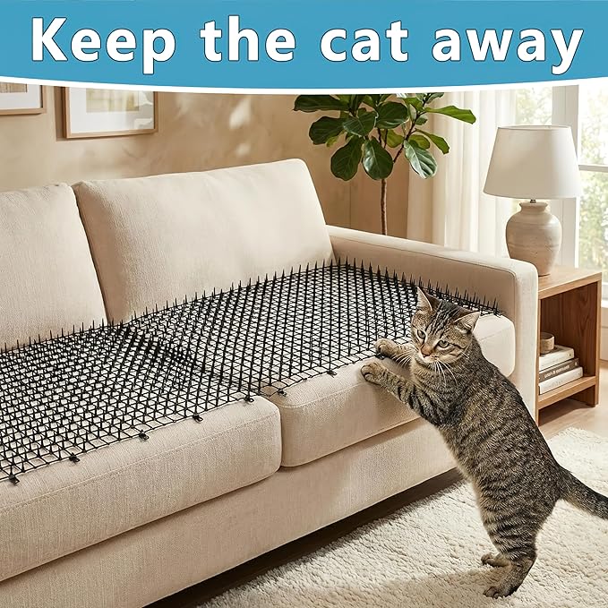 Pet Repellent Mat, White, 6.5 feet with 8 Ground Stakes 8 Zip Tie, Cat Repellent Mat with Gentle Spikes for Garden/Backyard, Dog and Raccoon Deterrent Mat, 78.74 inches x 11 inches.