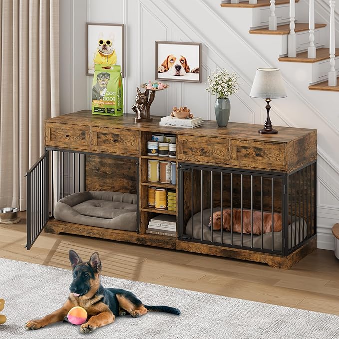 GAOMON 82 Inch Double Dog Crate Furniture with 4 Storage Drawers, Heavy Duty Extra Large Dog Kennel TV Stand for 2 Large Dogs, Wooden Indoor Pet House with 4 Open Shelves, Rustic Brown
