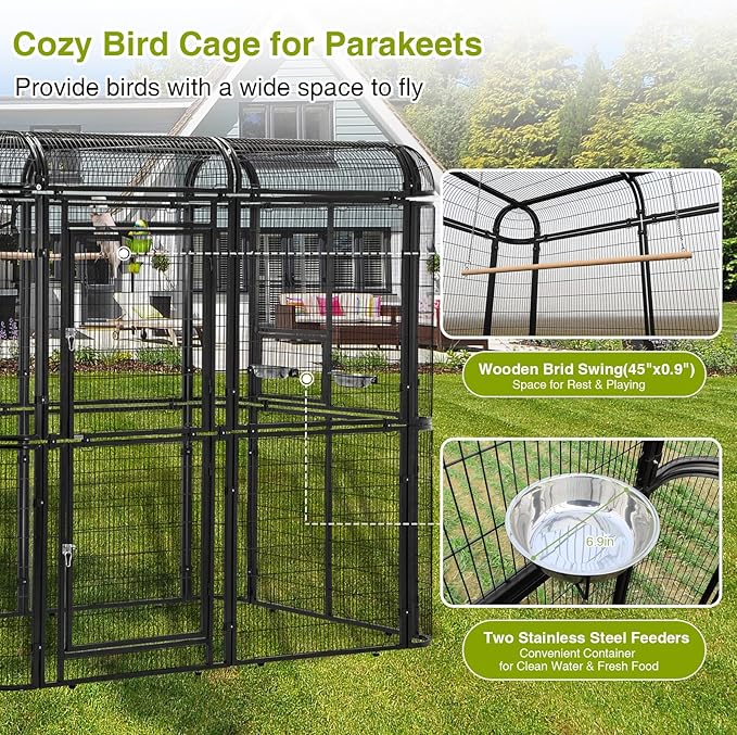 87-Inch Heavy Duty Walk-in Bird Cage with Cover – Large Outdoor Aviary Metal Birdcage with Stand, 7.22x5.25x6.8ft Flight Space for Macaw, Budgie, Conure, Lovebird, Parakeet, Cockatiel
