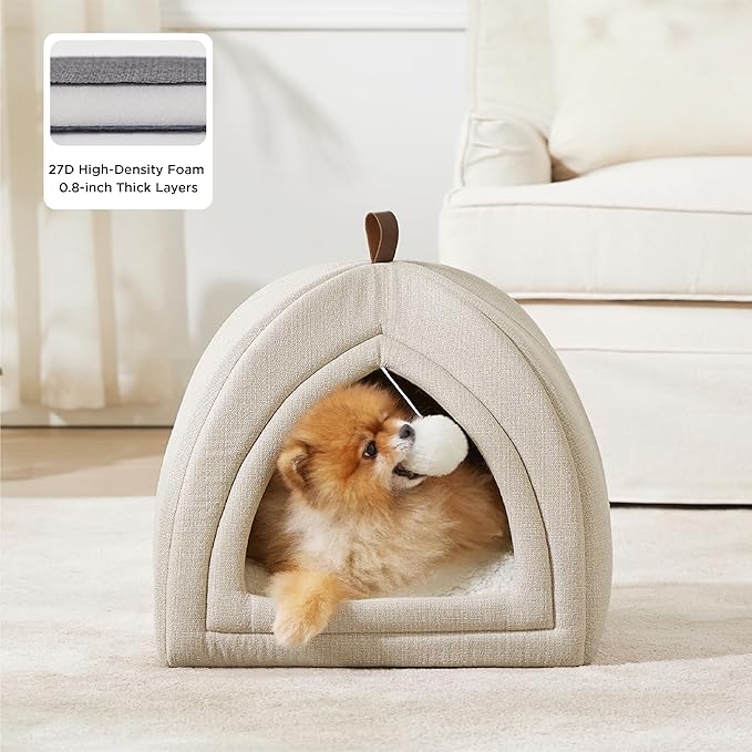 Bedsure Cat Beds for Indoor Cats - 2 in 1 Cat Cave House Tent for Kittens and Small Pets with Removable Washable Cushioned Pillow, Foldable Kitten Hideaway with Non-Slip Bottom, Beige, 17.3 inches