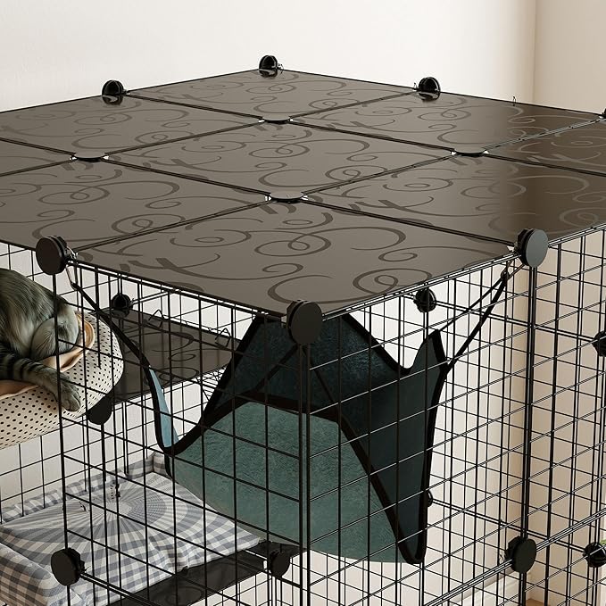 PawHut Cat Cage Indoor, DIY 4 Tier Cat Enclosure with Hammock, 3 x 3 x 4 Detachable Wire Cat Kennel with Ramps, Jumping Platforms, Doors, for 1-3 Cats, 41" L x 41" W x 55" H, Black