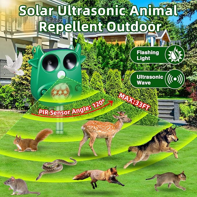 Solar Ultrasonic Animal Repeller Outdoor Deer Repellent with Motion Detection Flashing Lights Cat Repellent Rabbit Raccoon Dog Coyote Skunk Repellent for Yard Garden Deterrent Device Animal Repellent