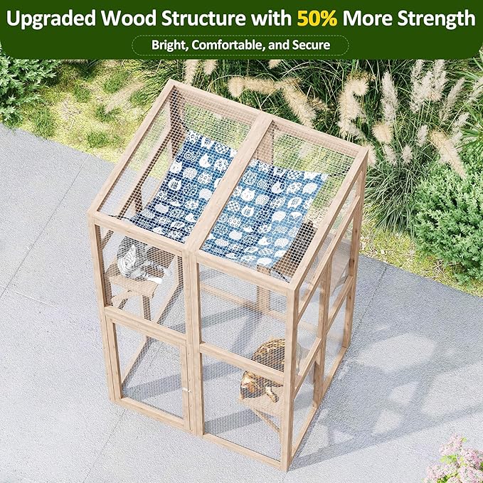 64 Inch Catio Outdoor Cat Enclosure, Large Cat House for Outdoor Cats with Updated Framework Structure, Outside Cat Patio Cattery Weatherproof for Multiple Cats, Natural