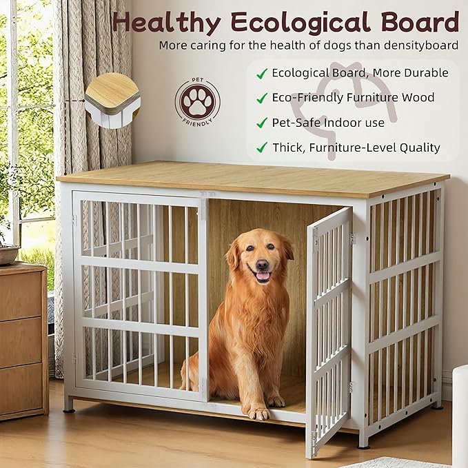 46'' Dog Crate Furniture Large Breed Dog Crate Dog Kennels for Inside Wooden Dog Crates End Table Heavy Duty Indoor Combination Cage for Medium to Large Dogs Oak