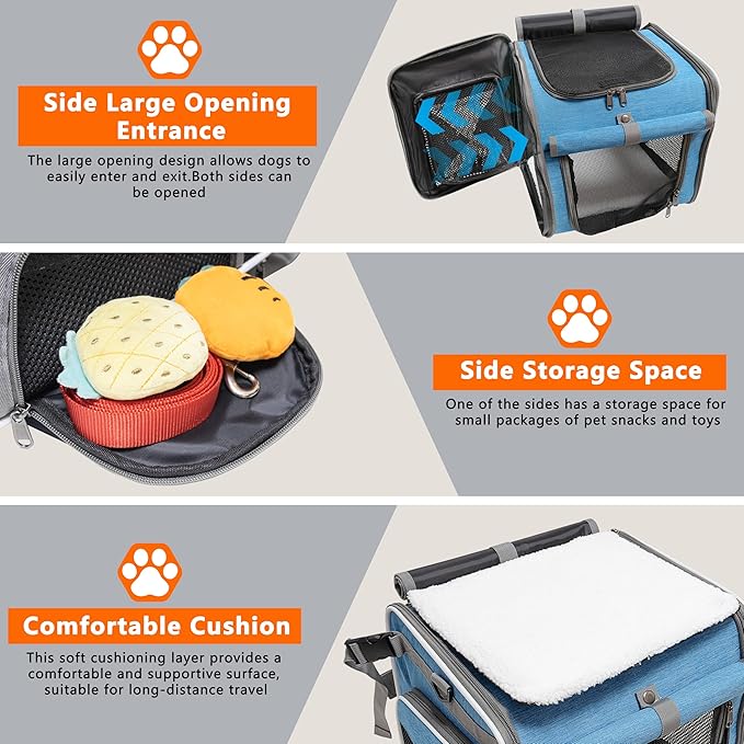 Dog Bike Basket, Expandable Soft Edge Pet Carrier Backpack, Foldable Dog Bicycle Carriers with 4 Mesh Windows, for Medium Cats&Dogs, Suitable for Cross Shaped, Shoulder and Car Seats (Blue)