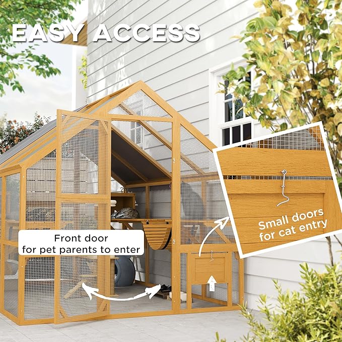 PawHut 110" L Large Catio Outdoor Cat Enclosure for Multiple Kittens, 56 sq.ft Wooden Cat House with Waterproof Cover, Walk in Kitty Cage Kennel with 2 Condos, 6 Platforms, Bridge, Doors, Yellow