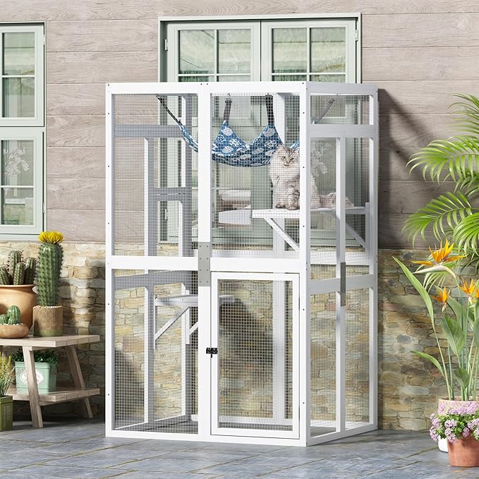 Catio Outdoor Cat Enclosure - Premium Wooden Cat Catio with Window Access & Breathable Mesh, Weatherproof Kitty House for Patio/Backyard/Indoor (White)