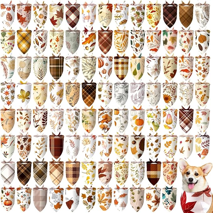 100 Pcs Fall Dog Bandanas Bulk Thanksgiving Pet Bibs Triangle Scarf Autumn Pet Bandanas for Medium Large Dogs Fall Autumn Harvest Festival Thanksgiving Costume Decor