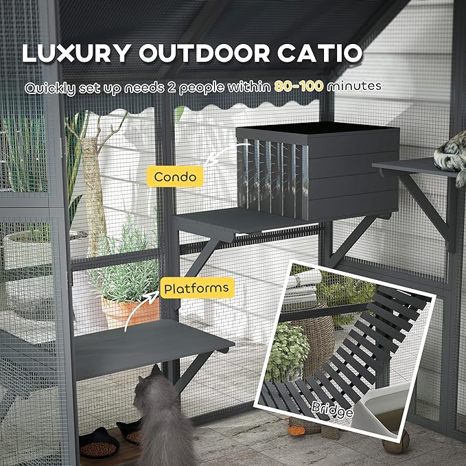 PawHut 73" L Large Catio Outdoor Cat Enclosure for Multiple Kittens, 28 sq.ft Wooden Cat House with Waterproof Cover, Walk in Kitty Cage Kennel with 2 Condos, 4 Platforms, Bridge, Doors, Gray