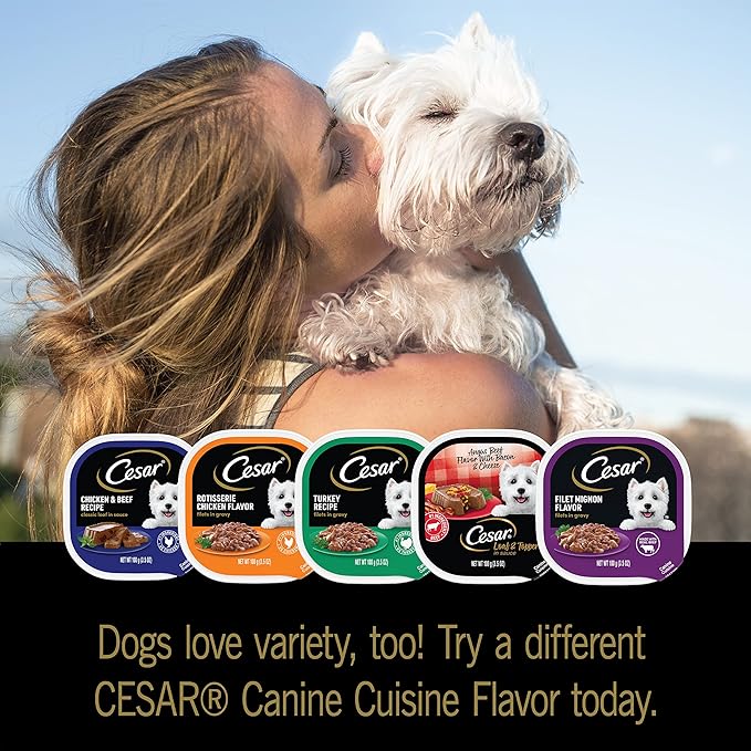 Cesar Loaf in Sauce Wet Dog Food Rotisserie Chicken, Filet Mignon, Angus Beef, and Ham & Egg Flavors Variety Pack, 3.5 oz. Easy Peel Trays (24 Count, Pack of 1)