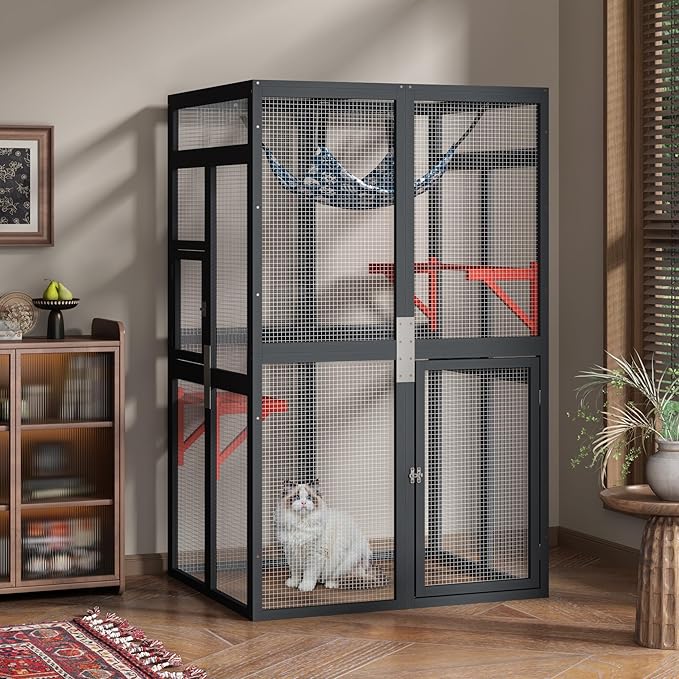 Catio Outdoor Cat Enclosure - Premium Wooden Cat Catio with Window Access & Breathable Mesh, Weatherproof Kitty House for Patio/Backyard/Indoor (Black)