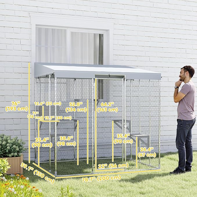 PawHut Catio Outdoor Cat Enclosure, 79" Large Walk-in Cat House with Waterproof Cover, Resting Boxes, 5 Jumping Platforms, Chicken Run Coop, Rabbit Hutch, Feral Cat Shelter Sloped Roof