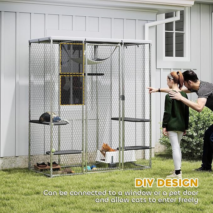 PawHut Large Catio Outdoor Cat Enclosure, Galvanized Steel Walk-in Cat Patio for Multiple Kittens, Outdoor Kitty Cage with Waterproof Cover, 5 Adjustable Platforms, Hammock, Chicken Coop Flat Roof