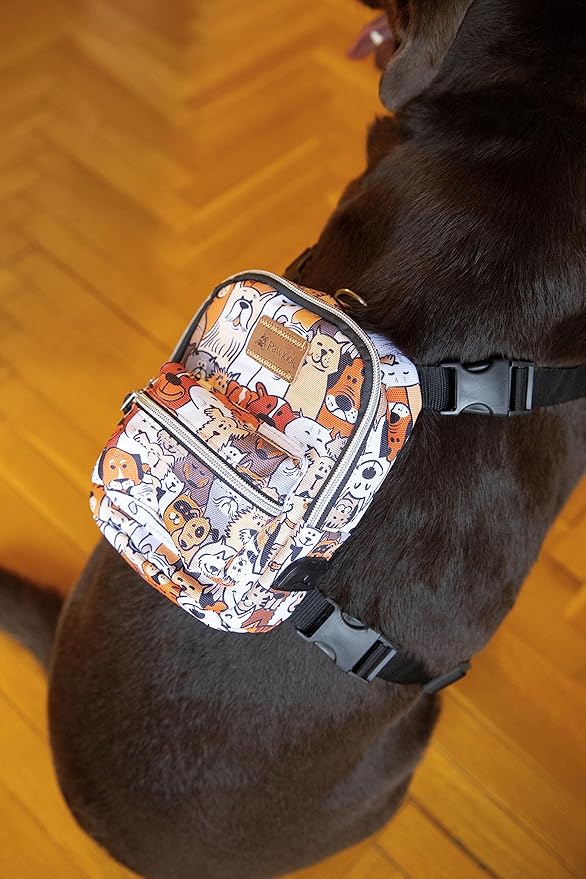PawLook Design Dog Backpack Harness with Leash-Stylish Dogbagpack-Poop Bag Dispenser Dog Backpack-Dog Self Carrier Backpack-Dog Bag Vest with D-Ring-Backpack for Dogs to Wear-1 Piece (Paws, S)