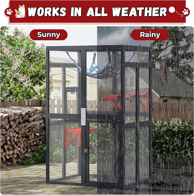 COZIWOW Upgraded Outdoor Cat Catio with Window Access & Jumping Platforms, Weatherproof Wooden Cat Enclosure for Patio/Garden/Backyard (Wood, 2 Platforms + Hammock, Supports 44lbs)