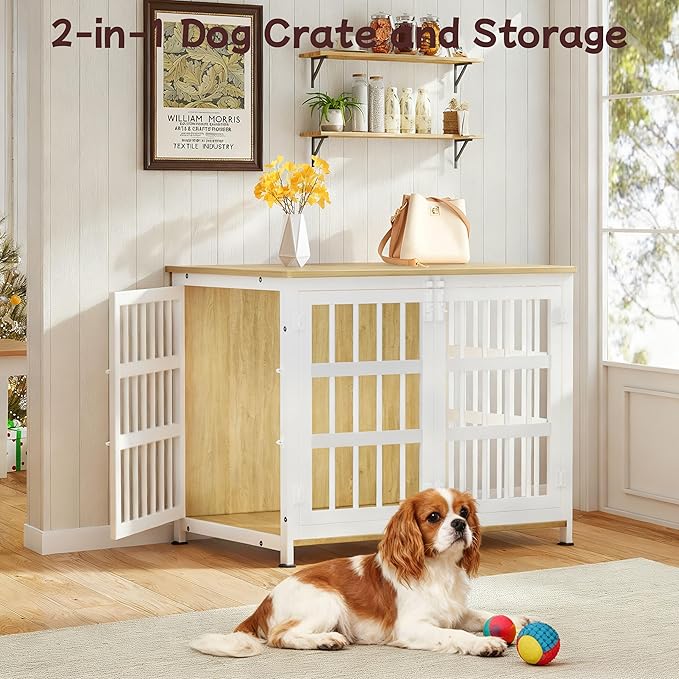 33" Dog Crate Furniture Large Breed Dog Crate Dog Kennels for Inside Wooden Dog Crates End Table Heavy Duty Indoor Combination Cage for Small, Medium Dogs Oak