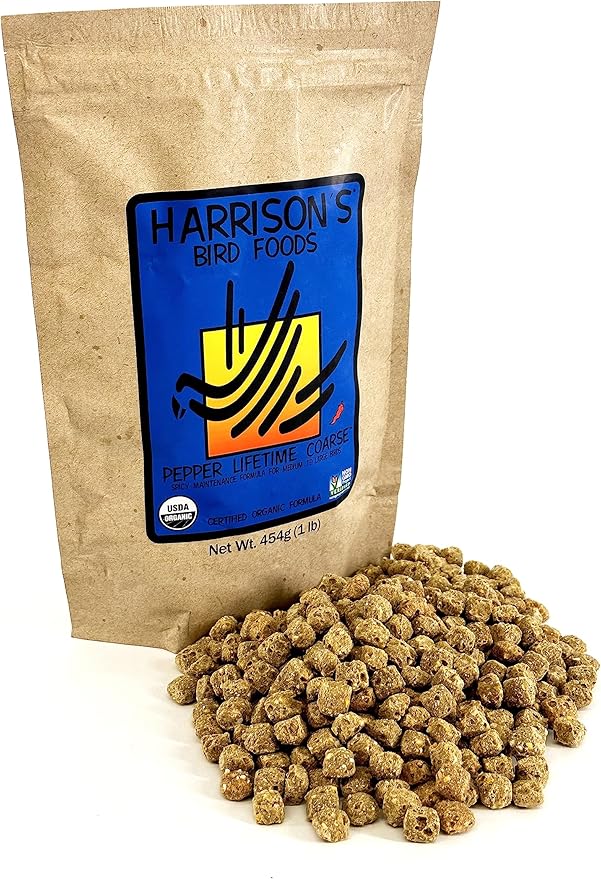 Harrison's Bird Foods Pepper Lifetime Coarse Certified Organic Non-GMO, Daily Pet Bird Food for Medium & Large Birds - Spicy Maintenance Formula for Parrots, Pinous, Eclectus, Macaws, etc, 454g / 1lb