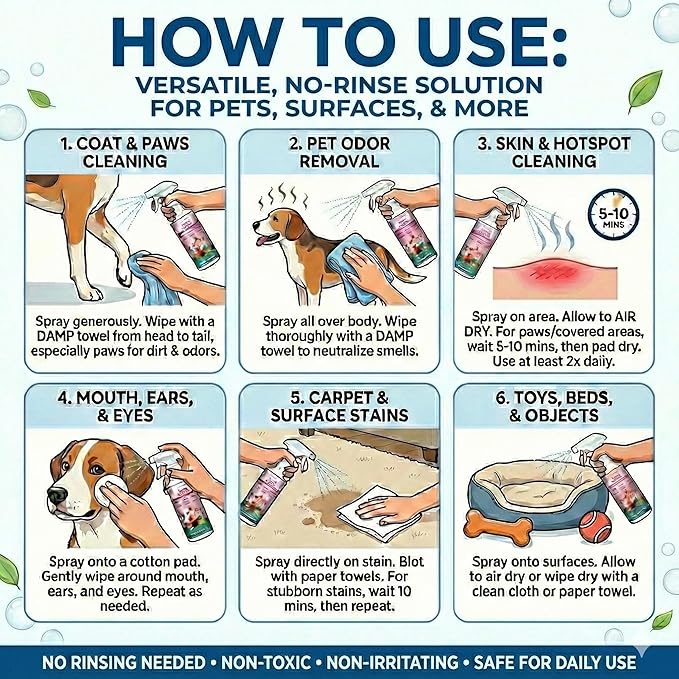 No-Rinse Dog Paw Cleaner & Pet Cleaning Spray for Dogs & Cats – Cleans Coat, Eyes & Ears, Hot Spot – Daily Cleaner for Pet Messes, Stains & Pet Odor Remover – No Harmful Chemicals (16 fl oz 2 Pack)