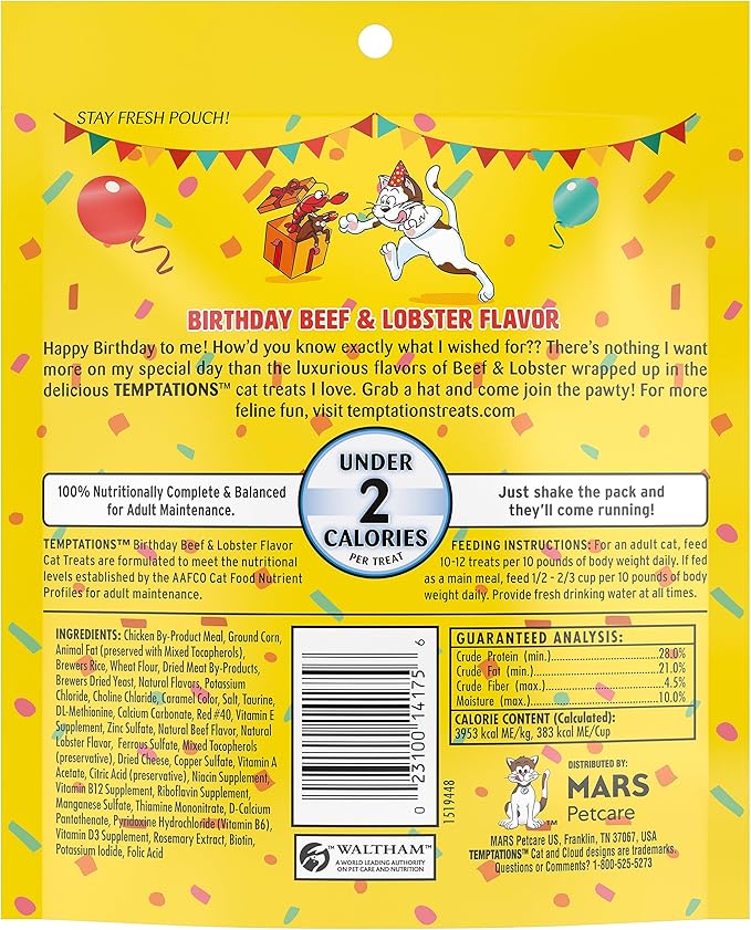 Temptations Birthday Cat Treats, Crunchy and Soft Cat Treats, Lobster & Beef Flavor, 6.3 oz. Pouch (Pack of 10)
