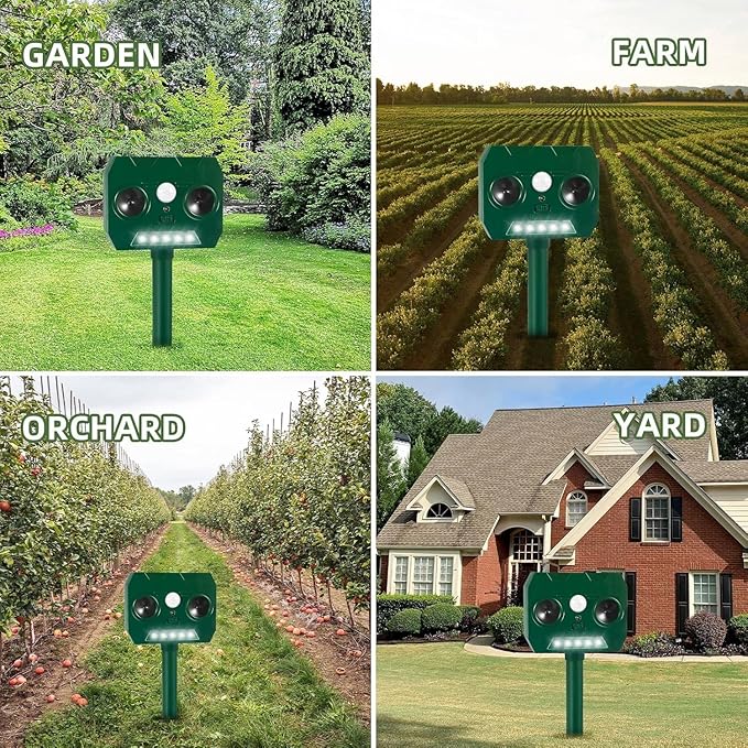 2025 Solar Ultrasonic Animal Repellent Sonic Fortress Pro Deer Repellent Rabbit Repeller Raccoon Squirrel Deterrent with Flash Light Motion Sensor to Keep Cat Dog Fox Skunk Out of Garden Yard(4Pack)