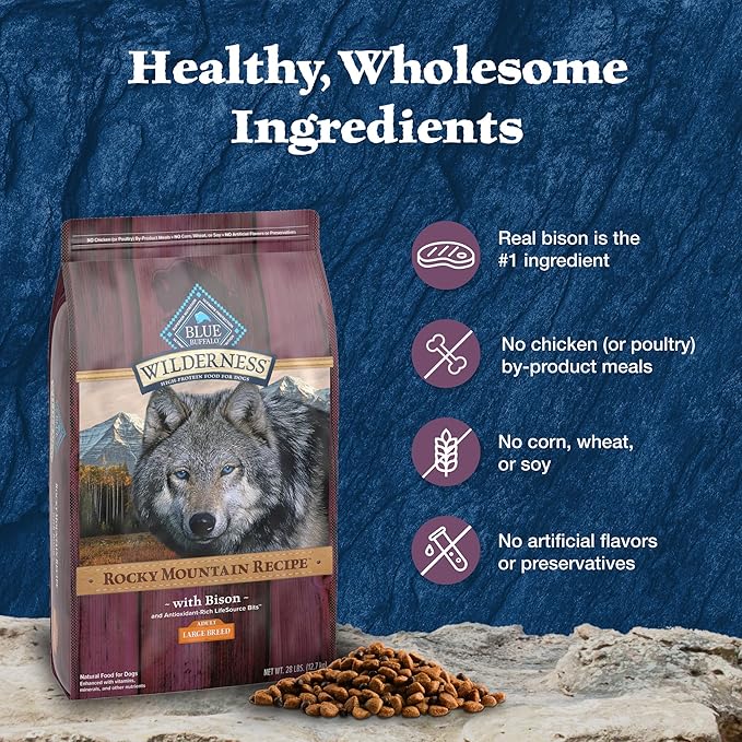 Blue Buffalo Wilderness Rocky Mountain Recipe Natural High-Protein Dry Food for Large Breed Dogs, Bison & Grain, 28-lb Bag