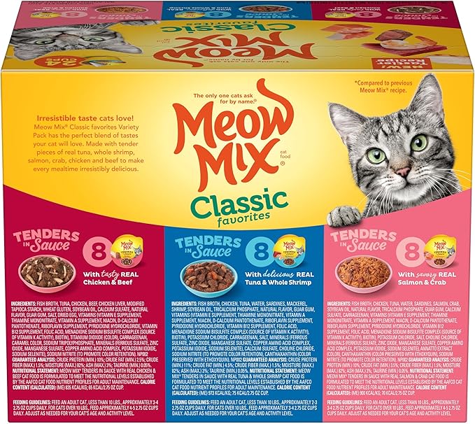 Meow Mix Tenders in Sauce Classic Favorites Wet Cat Food Variety Pack, 2.75 Ounce Cup (Pack of 48)
