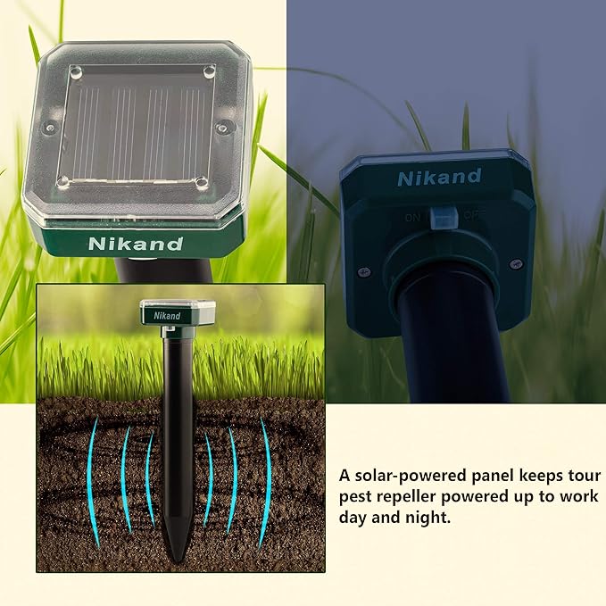 NIKAND Solar Mole Repellent Ultrasonic 4 Pack Outdoor Powered Sonic Deterrent - Mole Stopper Scare Vole for Lawn Garden Yard Home - Groundhog Repeller Snake Rodent Gopher Spikes Chaser Pest (4 Pack)
