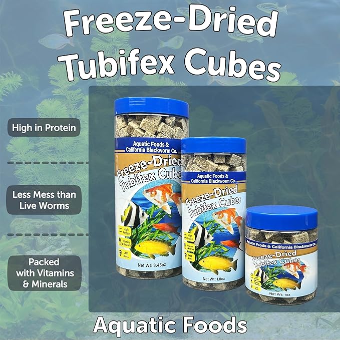 Aquatic Foods Inc. Tubifex Worms, Freeze Dried Tubifex Worm Cubes for Cichlids, Discus, Goldfish, Bettas, Marine Fish, All Tropical Fish, 12-Type Pellet Mix, 4-Type Wafer Mix Included..3.45oz Canister