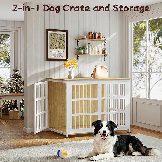 42'' Dog Crate Furniture Large Breed Dog Crate Dog Kennels for Inside Wooden Dog Crates End Table Heavy Duty Indoor Combination Cage for Medium to Large Dogs Oak