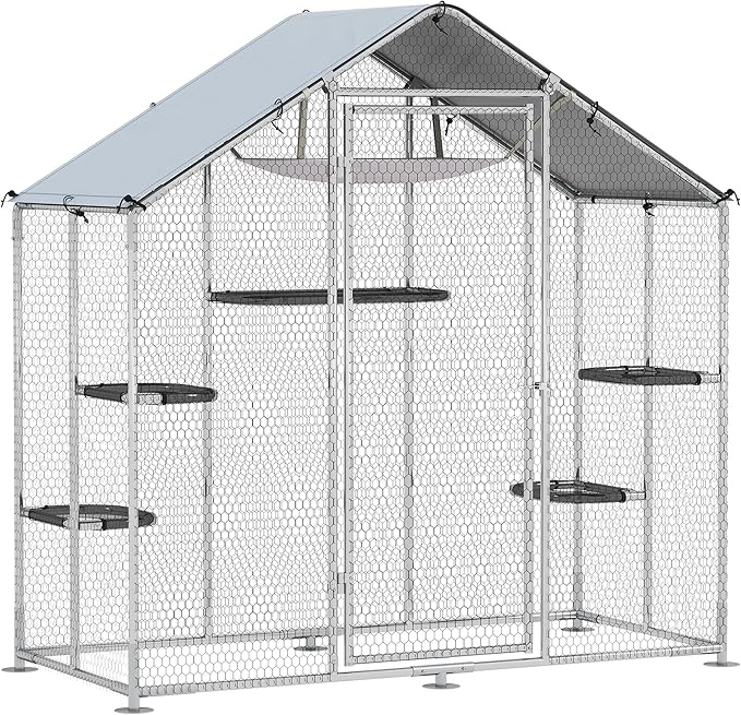 PawHut Large Catio Outdoor Cat Enclosure, Galvanized Steel Walk-in Cat Patio for Multiple Kittens, Outdoor Kitty Cage with Waterproof Cover, 5 Adjustable Platforms, Hammock, Chicken Coop Pointed Roof