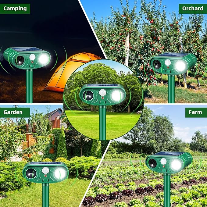 2026 Solar Ultrasonic Animal Repellent Sonic Fortress Pro Raccoon Repellent Cat Repeller Deer Deterrent with Flash Light Motion Sensor to Keep Squirrel Rabbit Dog Skunk Out of Garden Yard(4Pack)