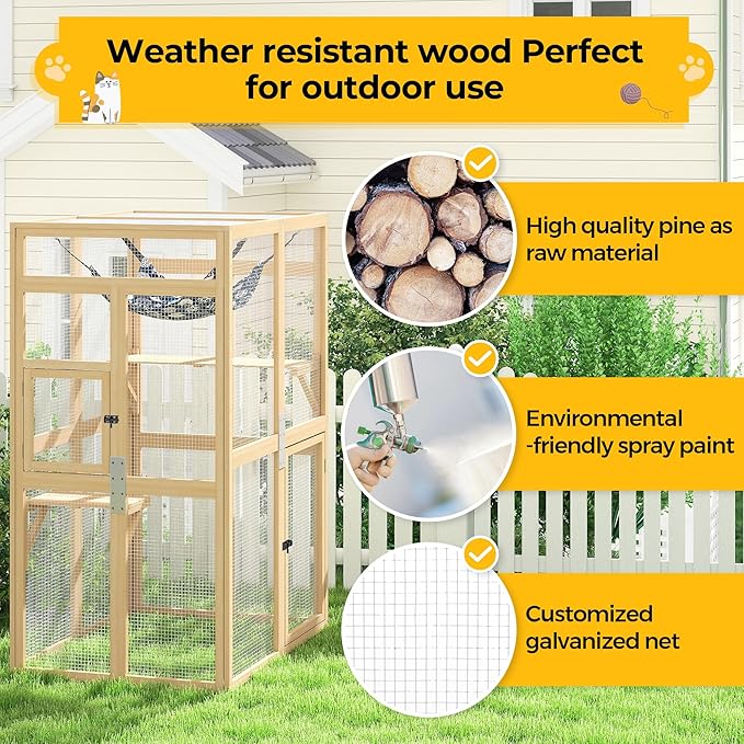 COZIWOW Upgraded Outdoor Cat Catio with Window Access & Jumping Platforms, Weatherproof Wooden Cat Enclosure for Patio/Garden/Backyard (Wood, 2 Platforms + Hammock, Supports 44lbs)