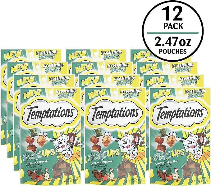 Temptations Cat Treat ShakeUps, Crunchy and Soft Cat Treats, Clucky Carnival, 2.47 oz. Pouches (Pack of 12)