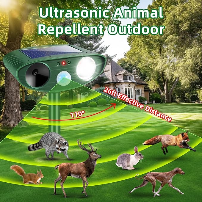 4 Pcs Solar Ultrasonic Animal Repeller Outdoor, Cat & Deer Repellent with Strobe Light, Waterproof Animal Deterrent Devices to Protect Garden Yard from Rabbit, Raccoon, Squirrel, Dog, Coyote, Skunk