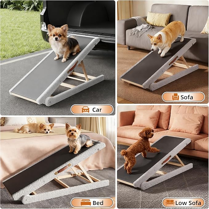 Dog Ramp for Bed – Foldable Wooden Pet Ramp with Soft Plush Fabric Cover 14"–20" Adjustable Height, Non-Slip Surface & Wide 17.7" Platform–Supports Small to Large Dogs up to 200 lbs