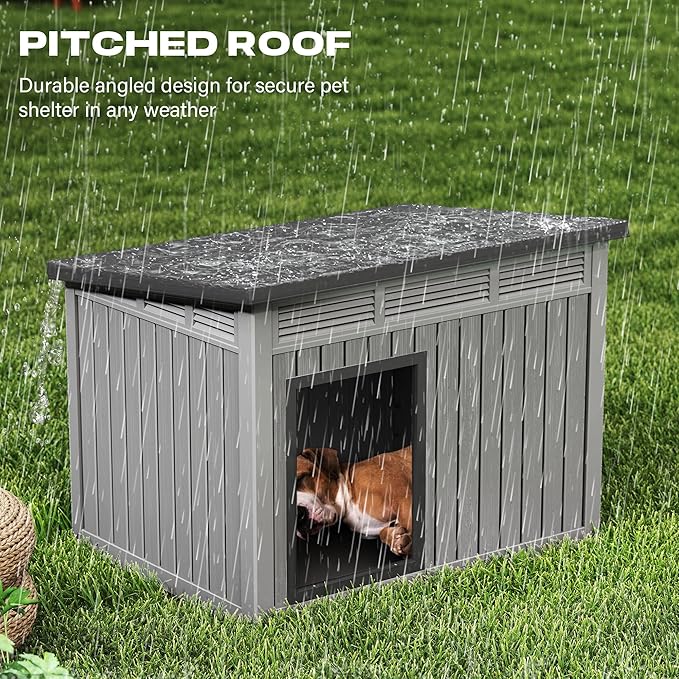 Fancyango Large Weatherproof Dog House with Removable Roof for Indoor & Outdoor Use - Spacious (42.8" L x 33" W x 31.5" H) Classic Grey
