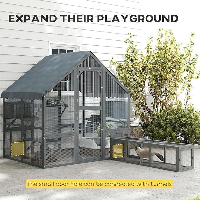 PawHut 73" L Large Catio Outdoor Cat Enclosure for Multiple Kittens, 28 sq.ft Wooden Cat House with Waterproof Cover, Walk in Kitty Cage Kennel with 2 Condos, 4 Platforms, Bridge, Doors, Gray