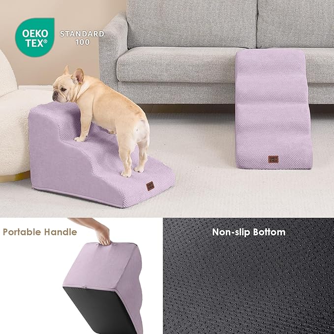 EHEYCIGA Curved Dog Stairs Ramp for Small Dogs 15.7" H, 3-Step Dog Steps for Couch Sofa and Chair, Pet Stairs for Cats, Non-Slip Balanced Pet Steps Indoor, Lilac